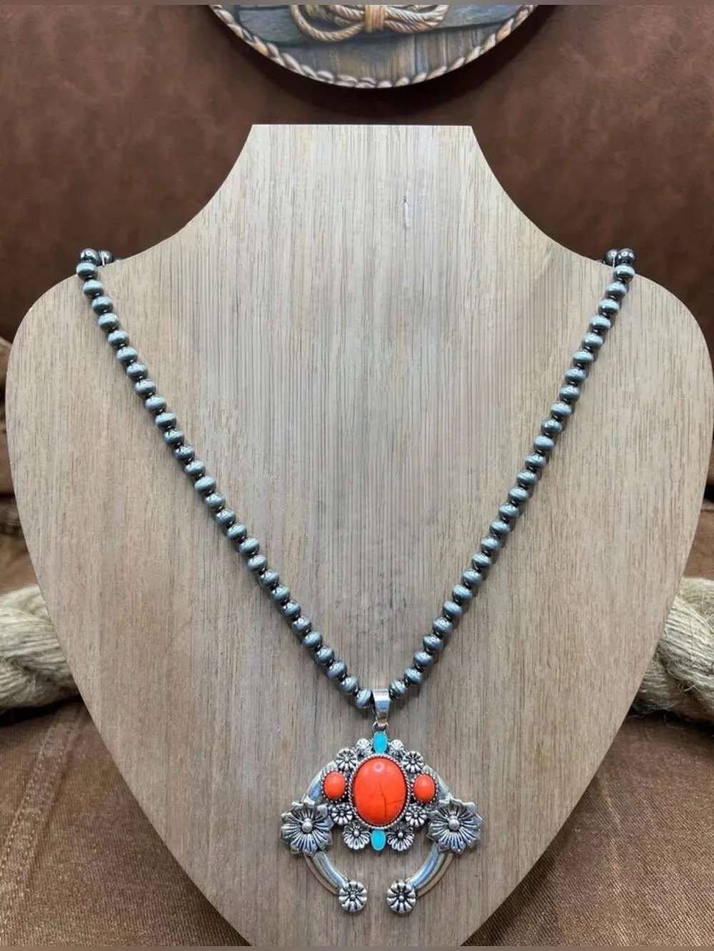 Western Necklace Horseshoe Necklace in Orange and Turquoise Bohemian
